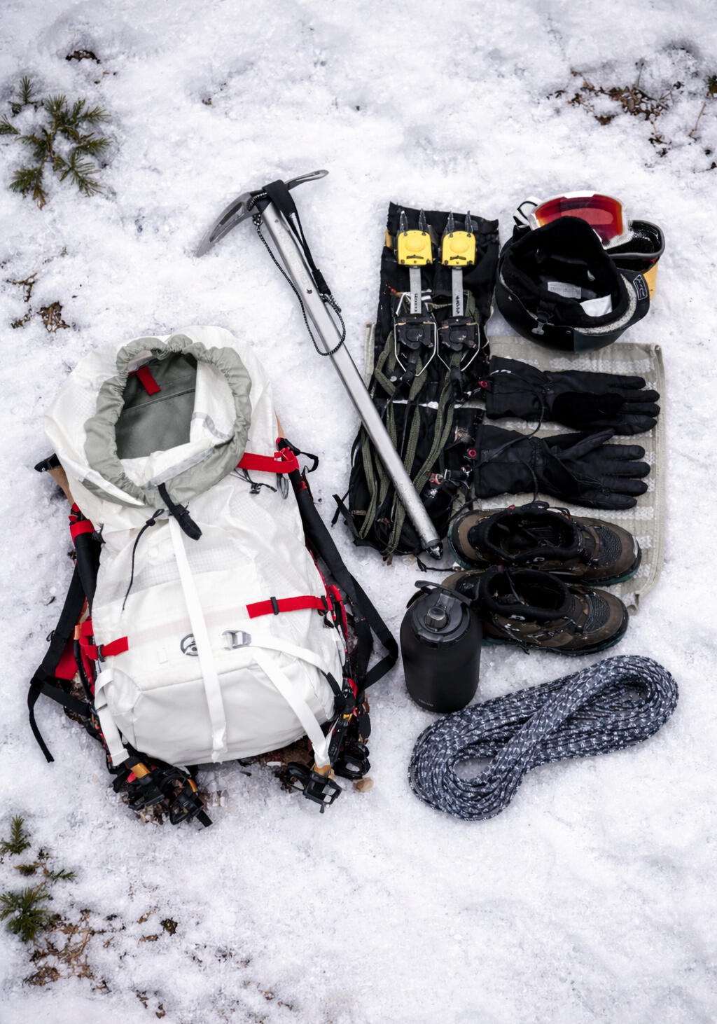The-Adirondack-Tool-Co.-Hiking-Plans-Guides-and-Gear-Gear-Loadout-Photo A photo of a winter gear loadout used by the hiking guides at The Adirondack Tool Co. - Hiking Plans, Guides, and Gear for Mount Washington and Mount Haystack in the winter of 2025