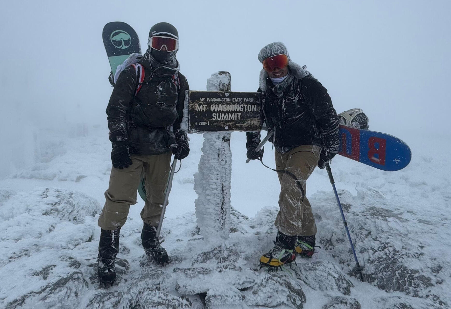 The-Adirondack-Tool-Co.-Hiking-Plans-Guides-and-Gear-Team-2 A photo of the hiking guides at The Adirondack Tool Co. - Hiking Plans, Guides, and Gear on the summit of Mount Washington in the winter.